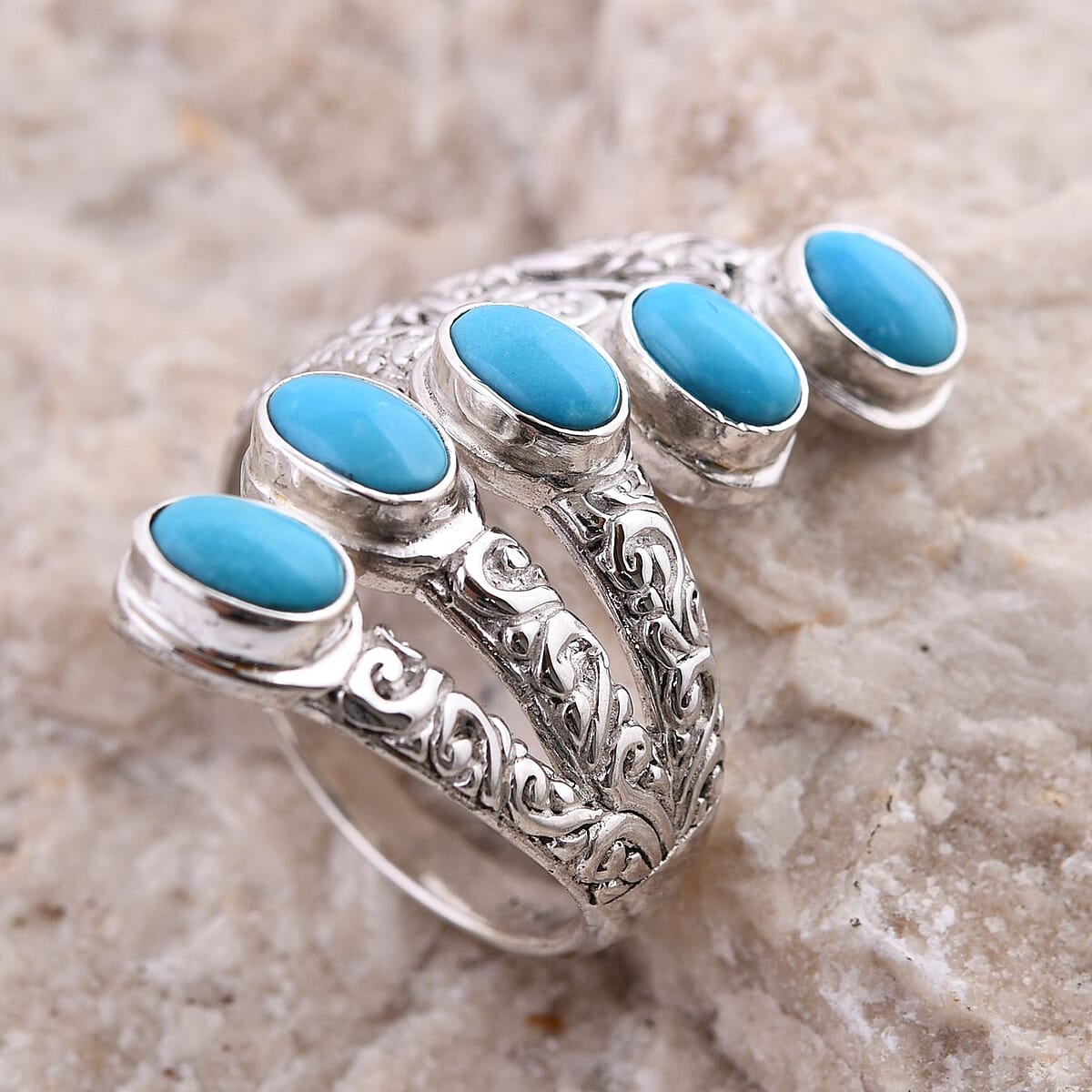 Bali Legacy Sleeping Beauty Turquoise 5 Stone Ring in Sterling Silver (Size 9.0) 2.40 ctw image number 1