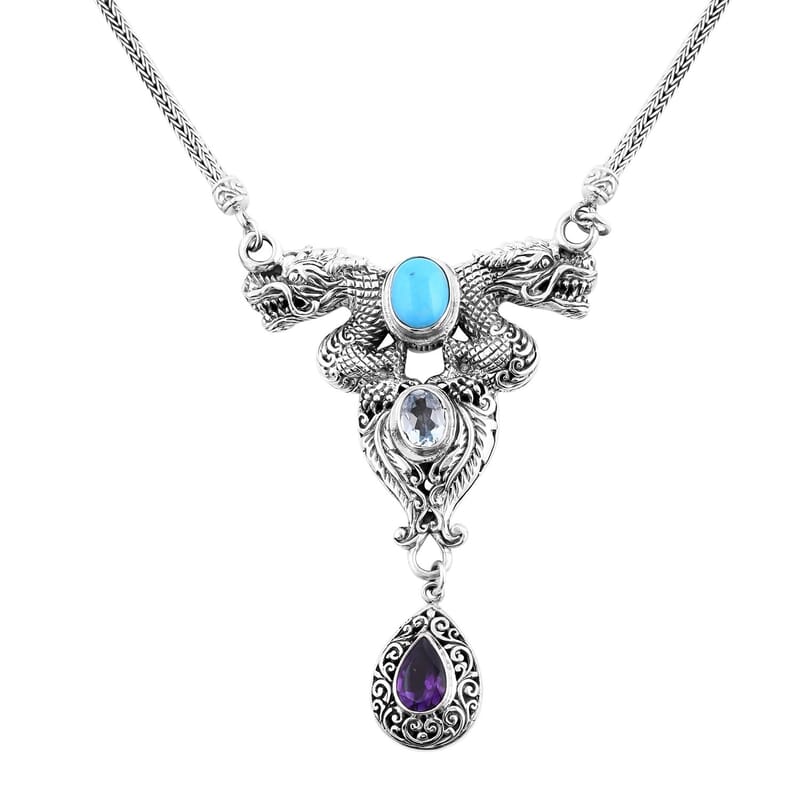 Bali Legacy Premium Sleeping Beauty Turquoise and Multi Gemstone Dragon Necklace 18-19 Inches in Sterling Silver 5.25 ctw