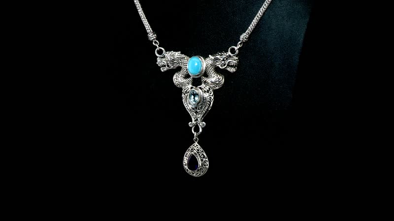 Bali Legacy Premium Sleeping Beauty Turquoise and Multi Gemstone Dragon Necklace 18-19 Inches in Sterling Silver 5.25 ctw