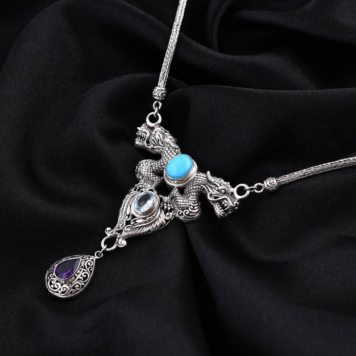 Bali Legacy Premium Sleeping Beauty Turquoise and Multi Gemstone Dragon Necklace 18-19 Inches in Sterling Silver 5.25 ctw image number 1