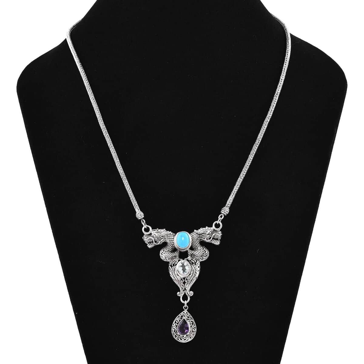 Bali Legacy Premium Sleeping Beauty Turquoise and Multi Gemstone Dragon Necklace 18-19 Inches in Sterling Silver 5.25 ctw image number 2