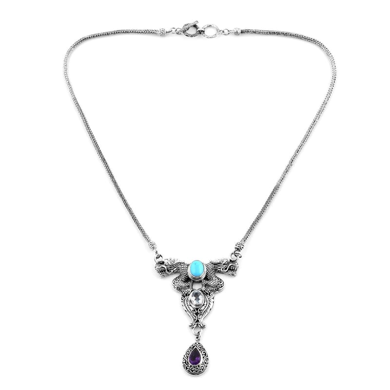 Bali Legacy Premium Sleeping Beauty Turquoise and Multi Gemstone Dragon Necklace 18-19 Inches in Sterling Silver 5.25 ctw