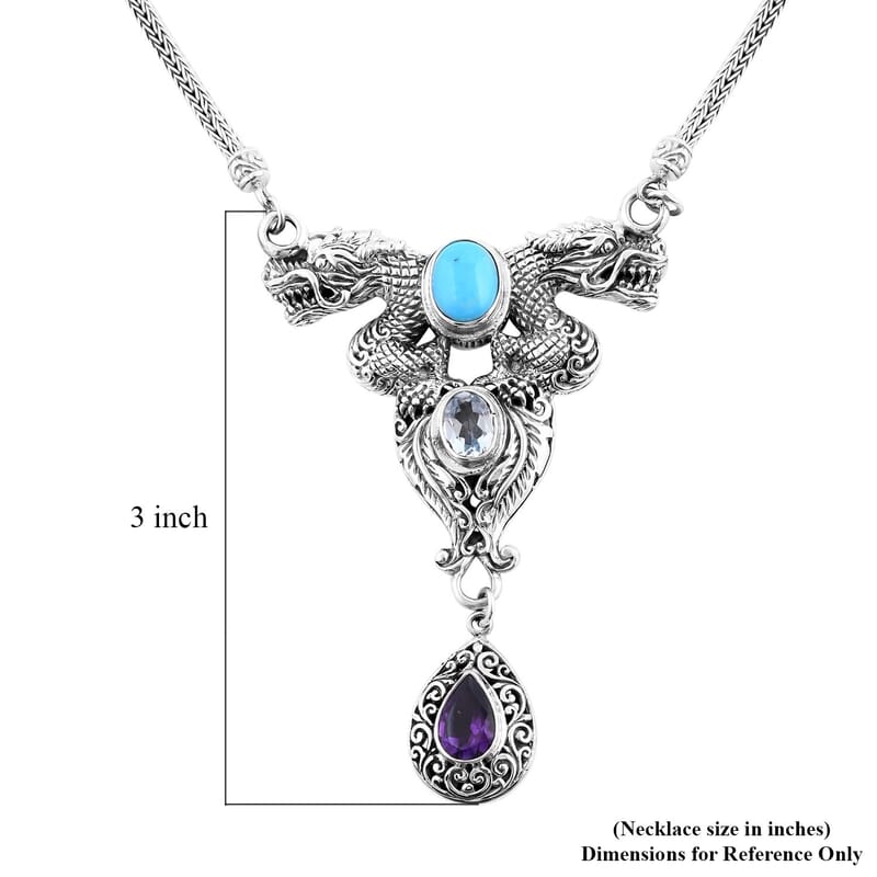 Bali Legacy Premium Sleeping Beauty Turquoise and Multi Gemstone Dragon Necklace 18-19 Inches in Sterling Silver 5.25 ctw