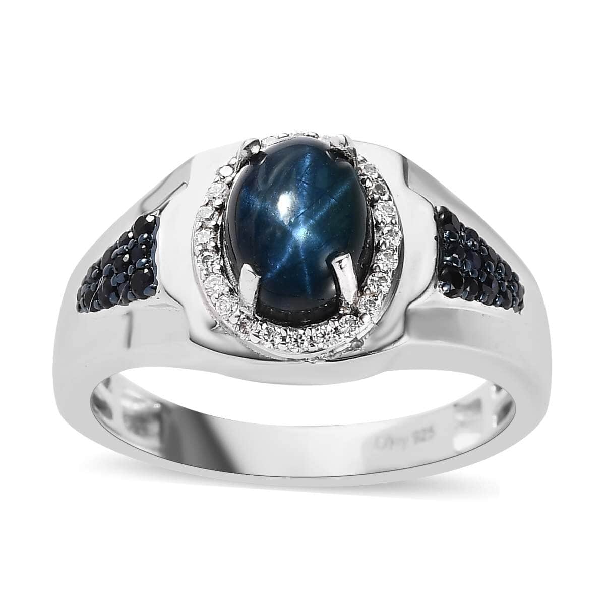 Blue Star Sapphire (DF) and Multi Gemstone Men's Ring in Platinum Over Sterling Silver 3.75 ctw image number 0