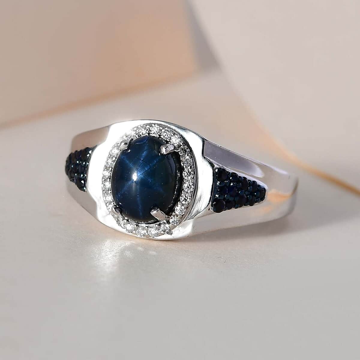 Blue Star Sapphire (DF) and Multi Gemstone Men's Ring in Platinum Over Sterling Silver 3.75 ctw image number 1