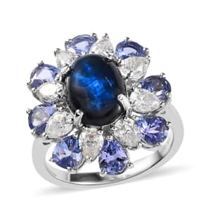 Blue Star Sapphire (DF) and Multi Gemstone Floral Ring in Platinum Over Sterling Silver (Size 10.0) 8.25 ctw