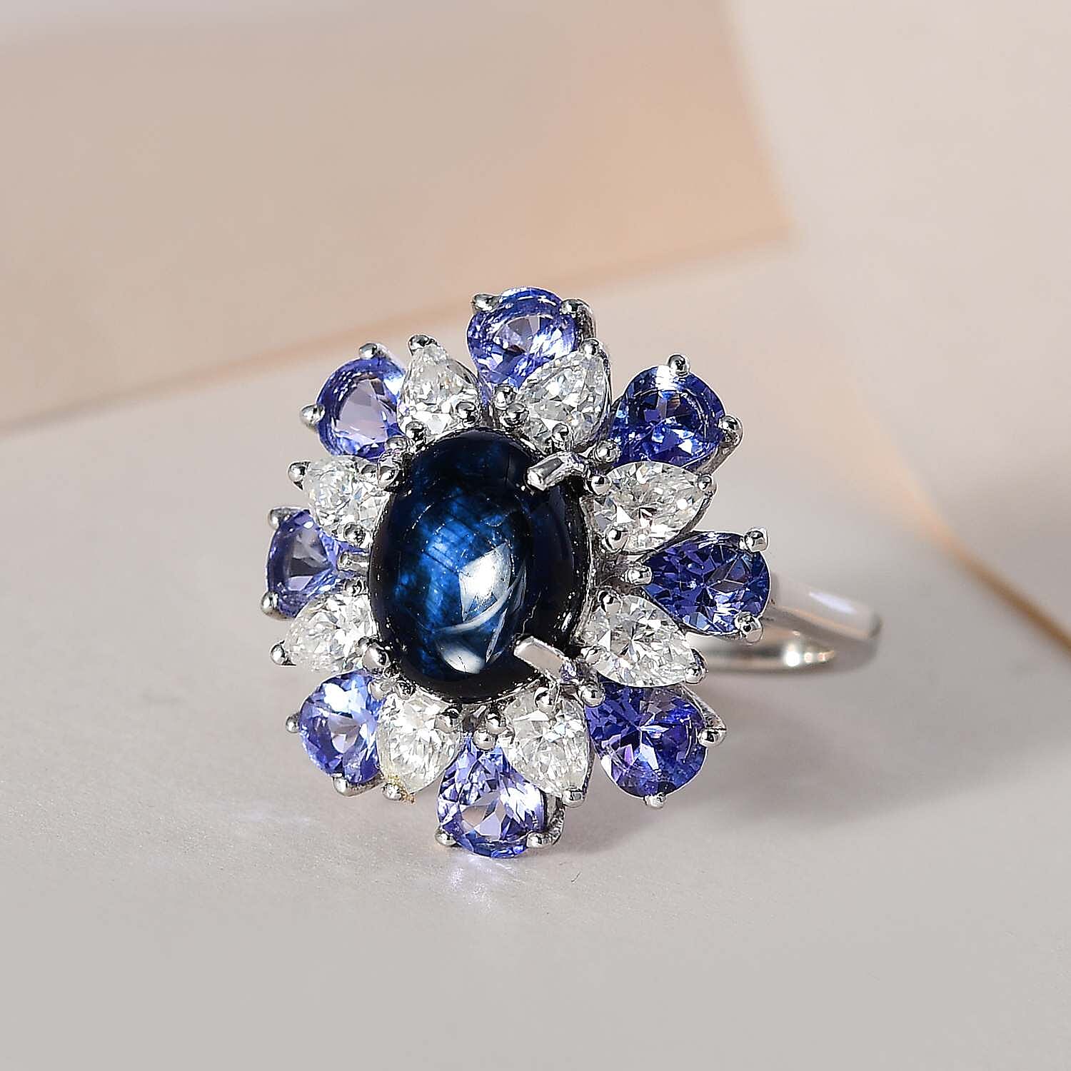 Blue Star Sapphire (DF) and Multi Gemstone Floral Ring in Platinum Over Sterling Silver (Size 10.0) 8.25 ctw
