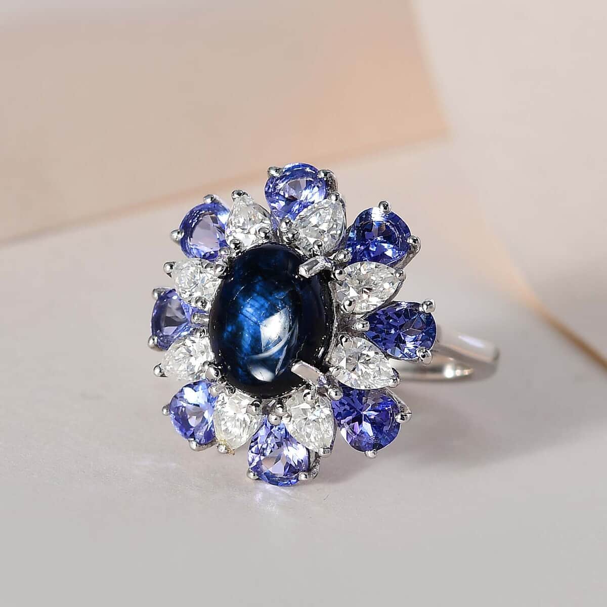 Blue Star Sapphire (DF) and Multi Gemstone Floral Ring in Platinum Over Sterling Silver 8.25 ctw image number 1