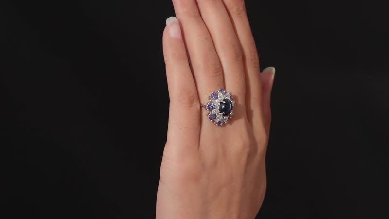 Blue Star Sapphire (DF) and Multi Gemstone Floral Ring in Platinum Over Sterling Silver 8.25 ctw