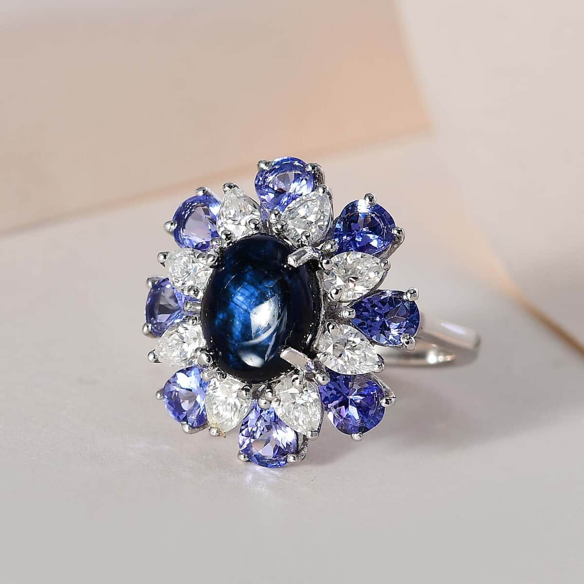 Blue Star Sapphire (DF) and Multi Gemstone Floral Ring in Platinum Over Sterling Silver (Size 9.0) 8.25 ctw image number 1
