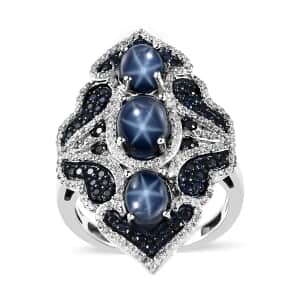 Blue Star Sapphire (DF) and Multi Gemstone Elongated Ring in Sterling Silver (Size 10.0) 6.60 ctw