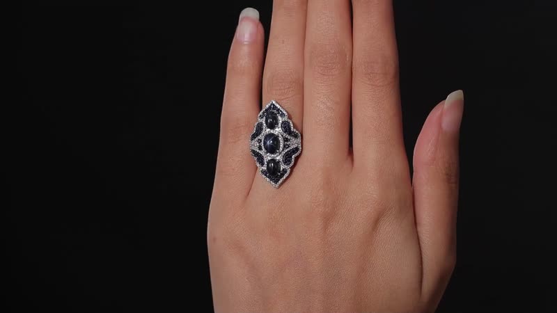 Blue Star Sapphire (DF) and Multi Gemstone Elongated Ring in Sterling Silver 6.60 ctw