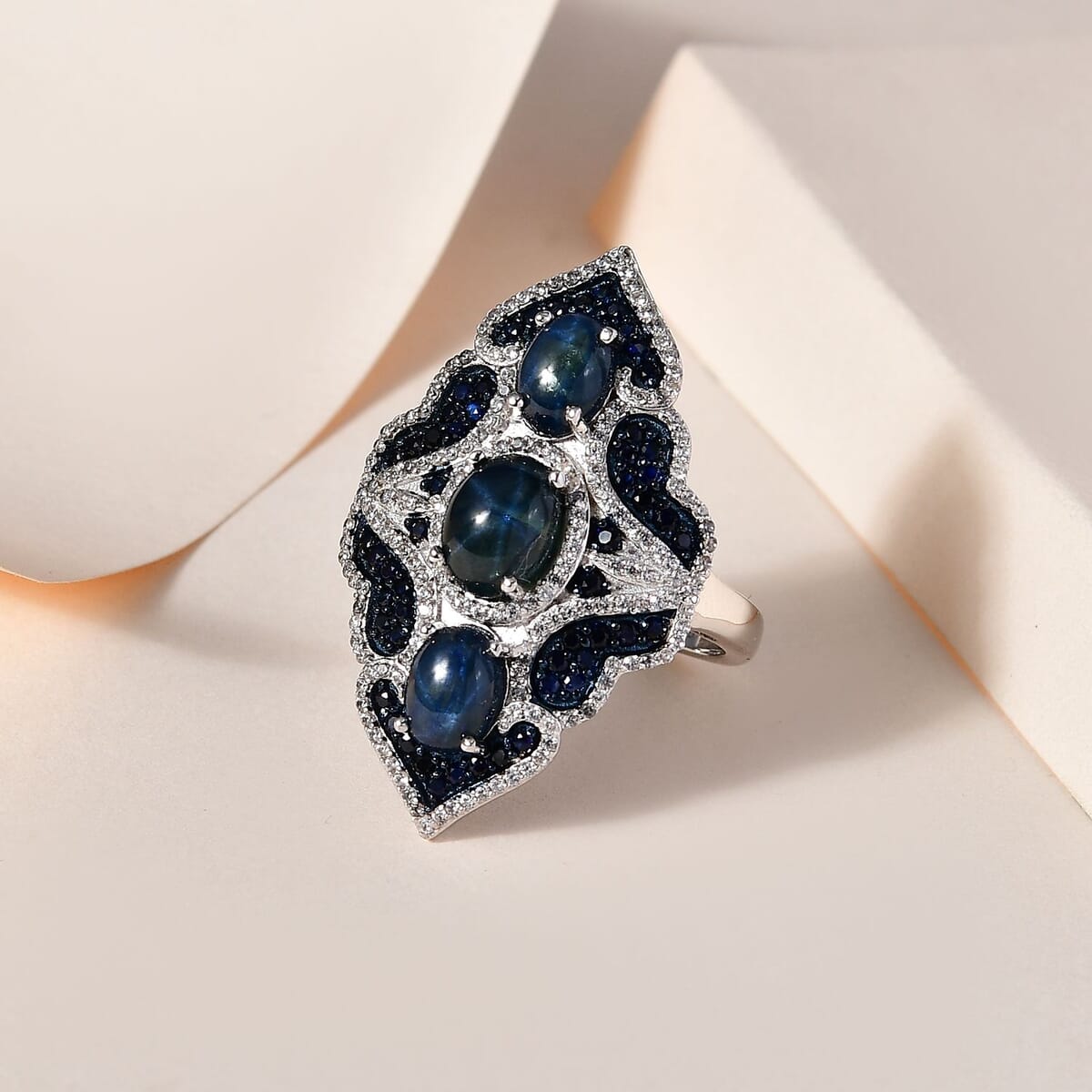 Blue Star Sapphire (DF) and Multi Gemstone Elongated Ring in Sterling Silver (Size 9.0) 6.60 ctw image number 1