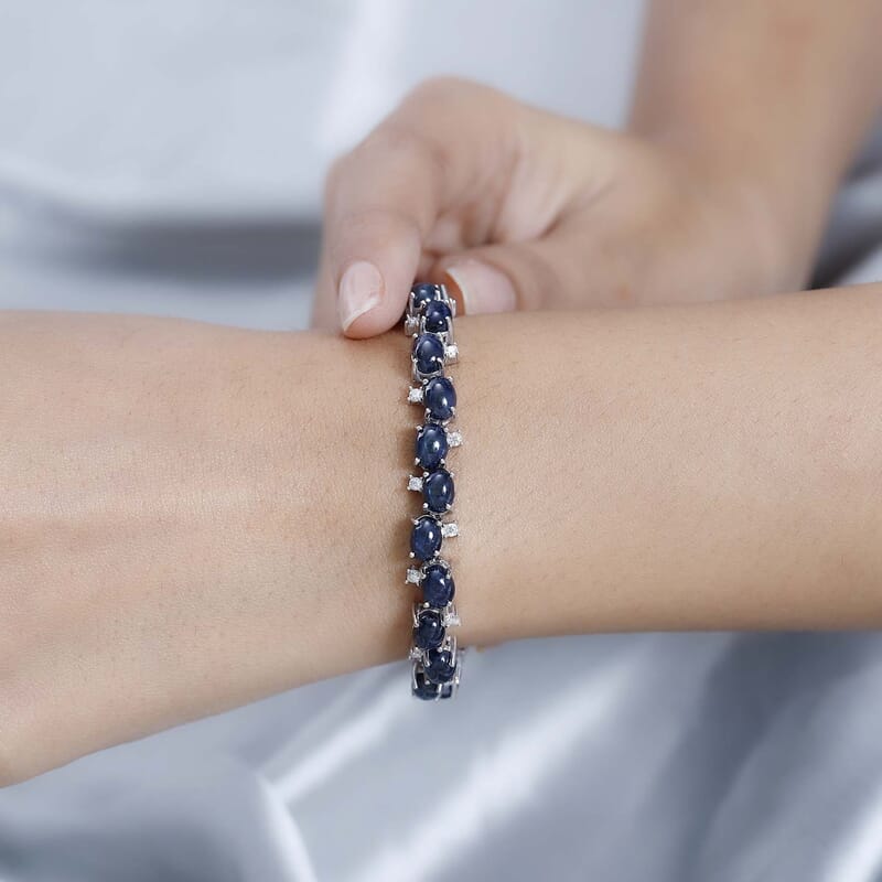 Blue Star Sapphire (DF) and Moissanite Bracelet in Platinum Over Sterling Silver (6.50 In) 33.65 ctw