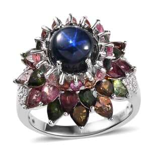 Blue Star Sapphire (DF) and Multi Gemstone Floral Ring in Platinum Over Sterling Silver (Size 10.0) 7.85 ctw