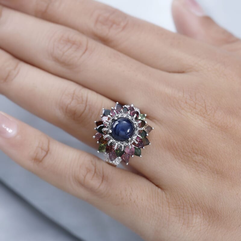 Blue Star Sapphire (DF) and Multi Gemstone Floral Ring in Platinum Over Sterling Silver (Size 10.0) 7.85 ctw