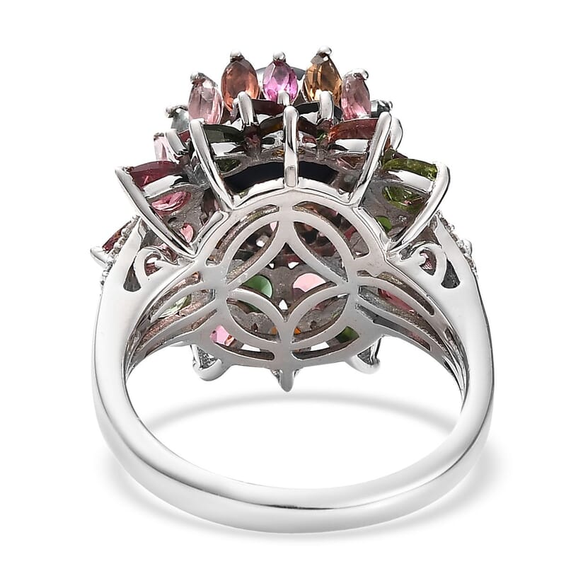 Blue Star Sapphire (DF) and Multi Gemstone Floral Ring in Platinum Over Sterling Silver (Size 10.0) 7.85 ctw