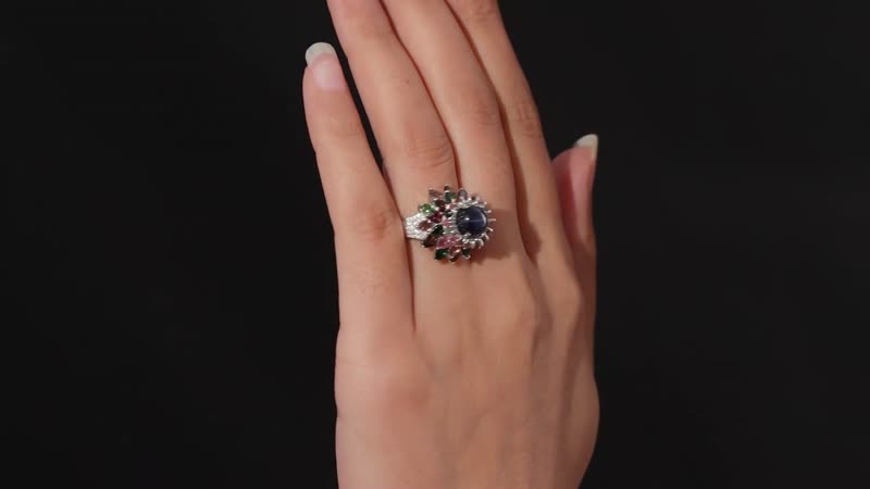 Blue Star Sapphire (DF) and Multi Gemstone Floral Ring in Platinum Over Sterling Silver (Size 10.0) 7.85 ctw