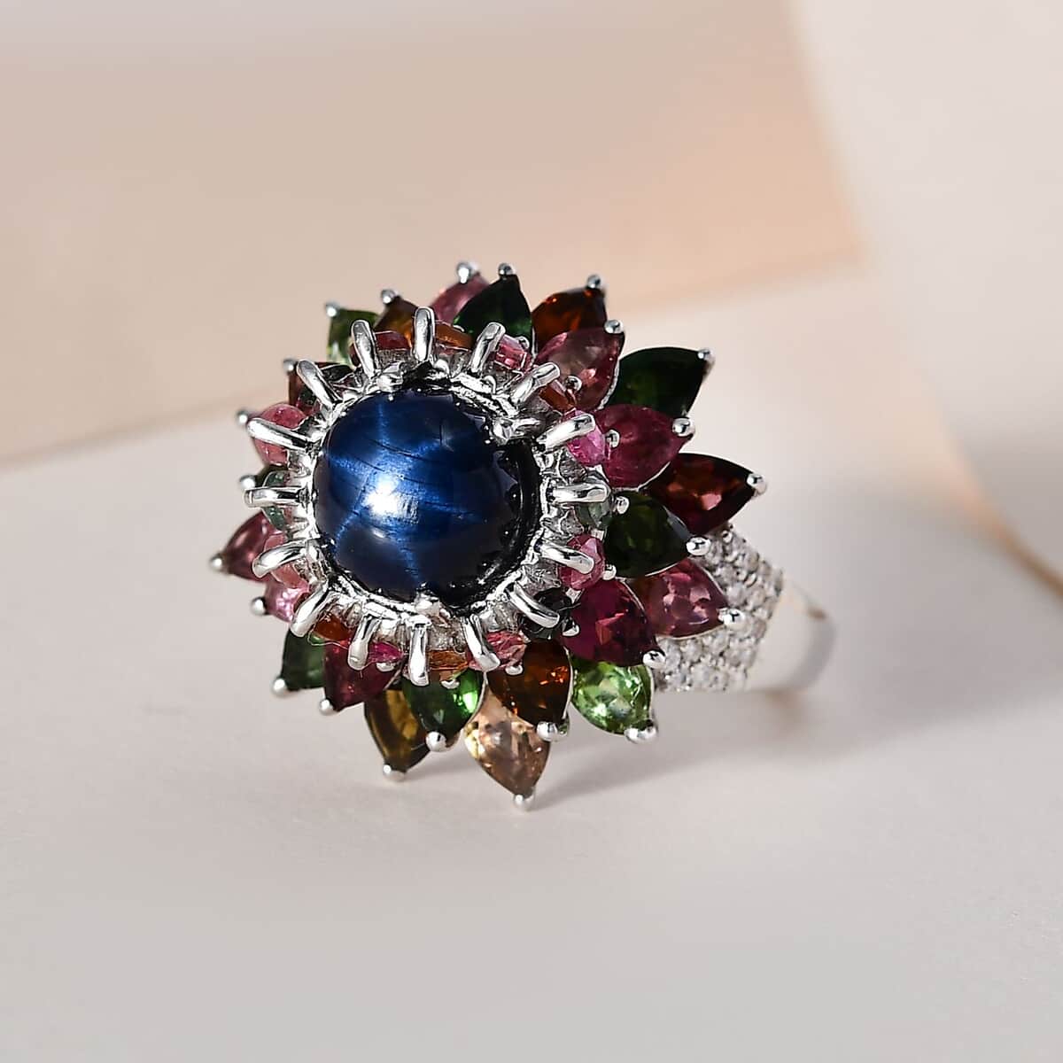 Blue Star Sapphire (DF) and Multi Gemstone Floral Ring in Platinum Over Sterling Silver (Size 6.0) 7.85 ctw image number 1