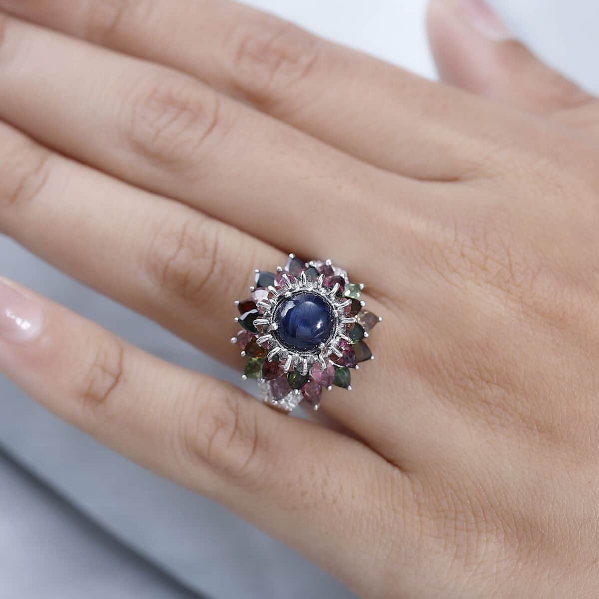 Blue Star Sapphire (DF) and Multi Gemstone Floral Ring in Platinum Over Sterling Silver (Size 6.0) 7.85 ctw image number 2