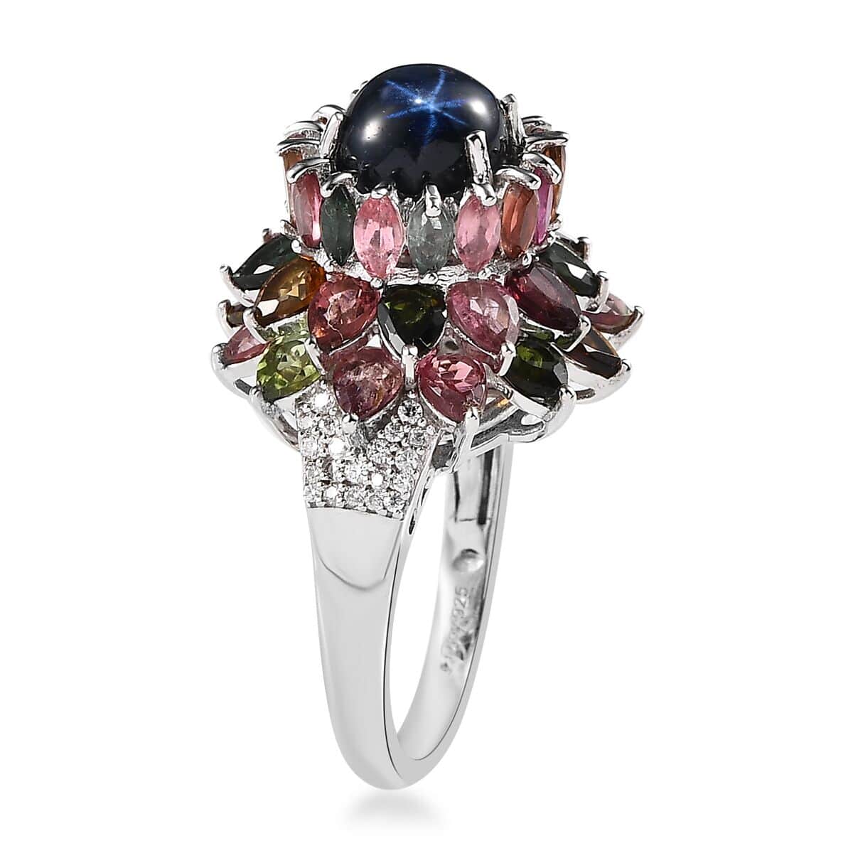 Blue Star Sapphire (DF) and Multi Gemstone Floral Ring in Platinum Over Sterling Silver (Size 6.0) 7.85 ctw image number 3