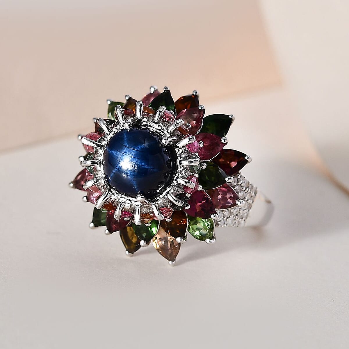 Blue Star Sapphire (DF) and Multi Gemstone Floral Ring in Platinum Over Sterling Silver (Size 8.0) 7.85 ctw image number 1