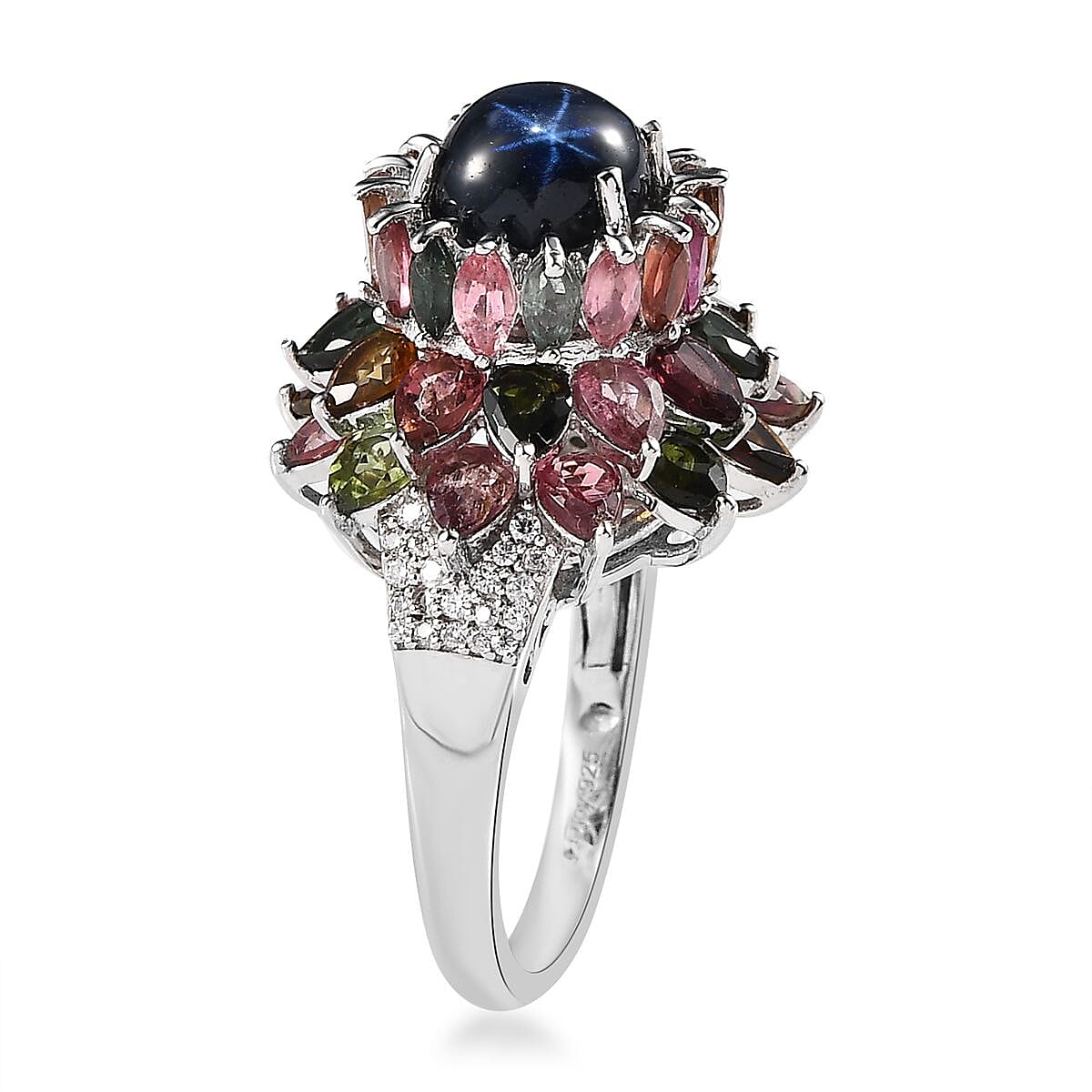 Blue Star Sapphire (DF) and Multi Gemstone Floral Ring in Platinum Over Sterling Silver (Size 8.0) 7.85 ctw image number 3
