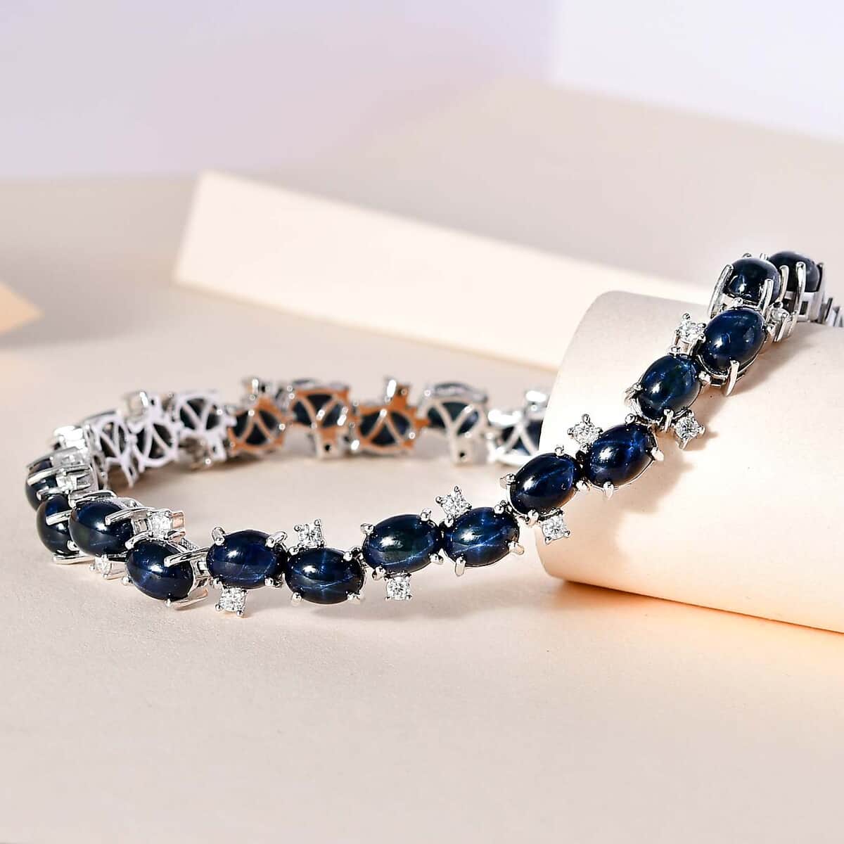 Blue Star Sapphire (DF) and Moissanite Bracelet in Platinum Over Sterling Silver (8.00 In) 40.65 ctw image number 1