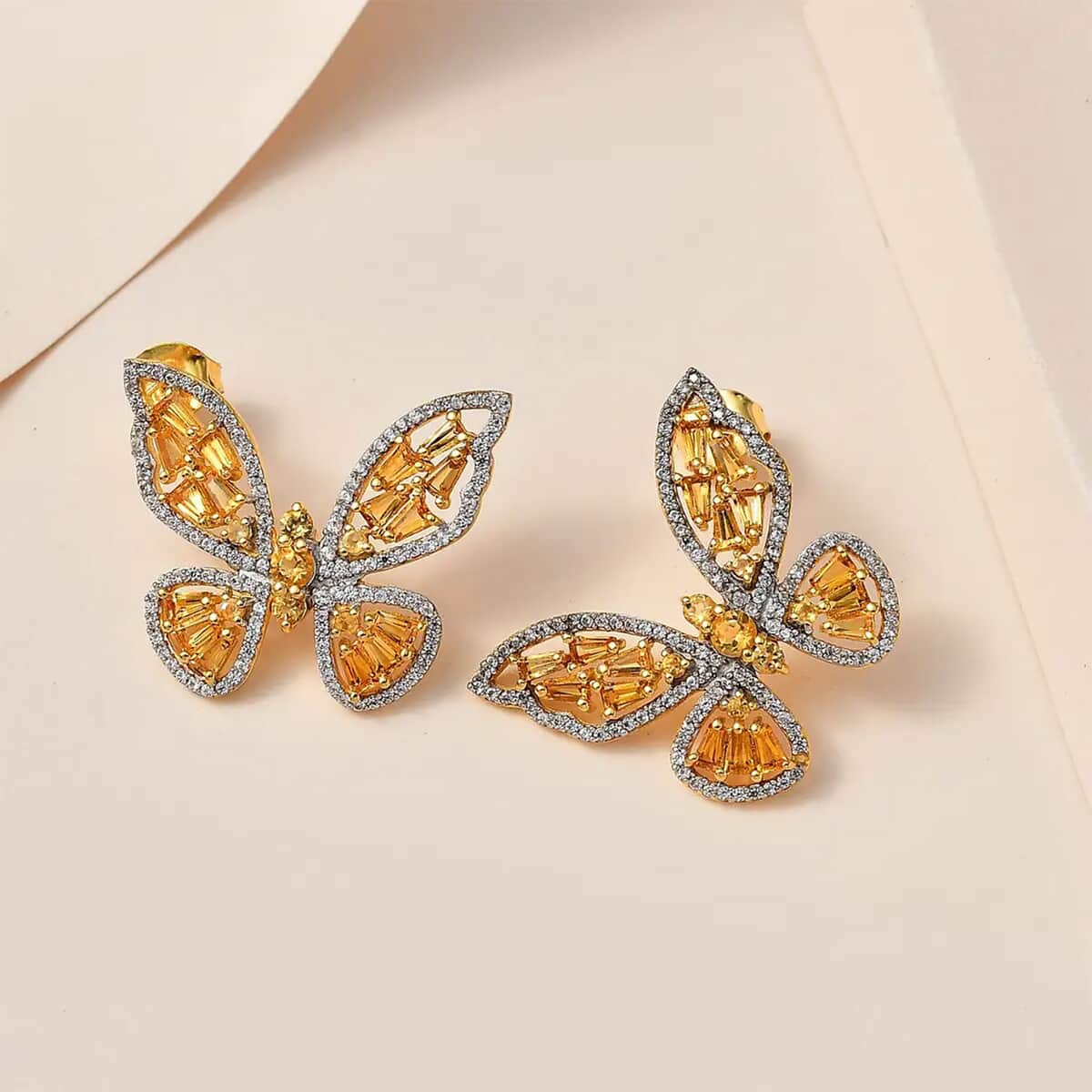 GP Trionfo Collection Premium Brazilian Citrine and White Zircon Butterfly Earrings in Vermeil Yellow Gold Over Sterling Silver 4.70 ctw (Del. in 7-10 Days) image number 1