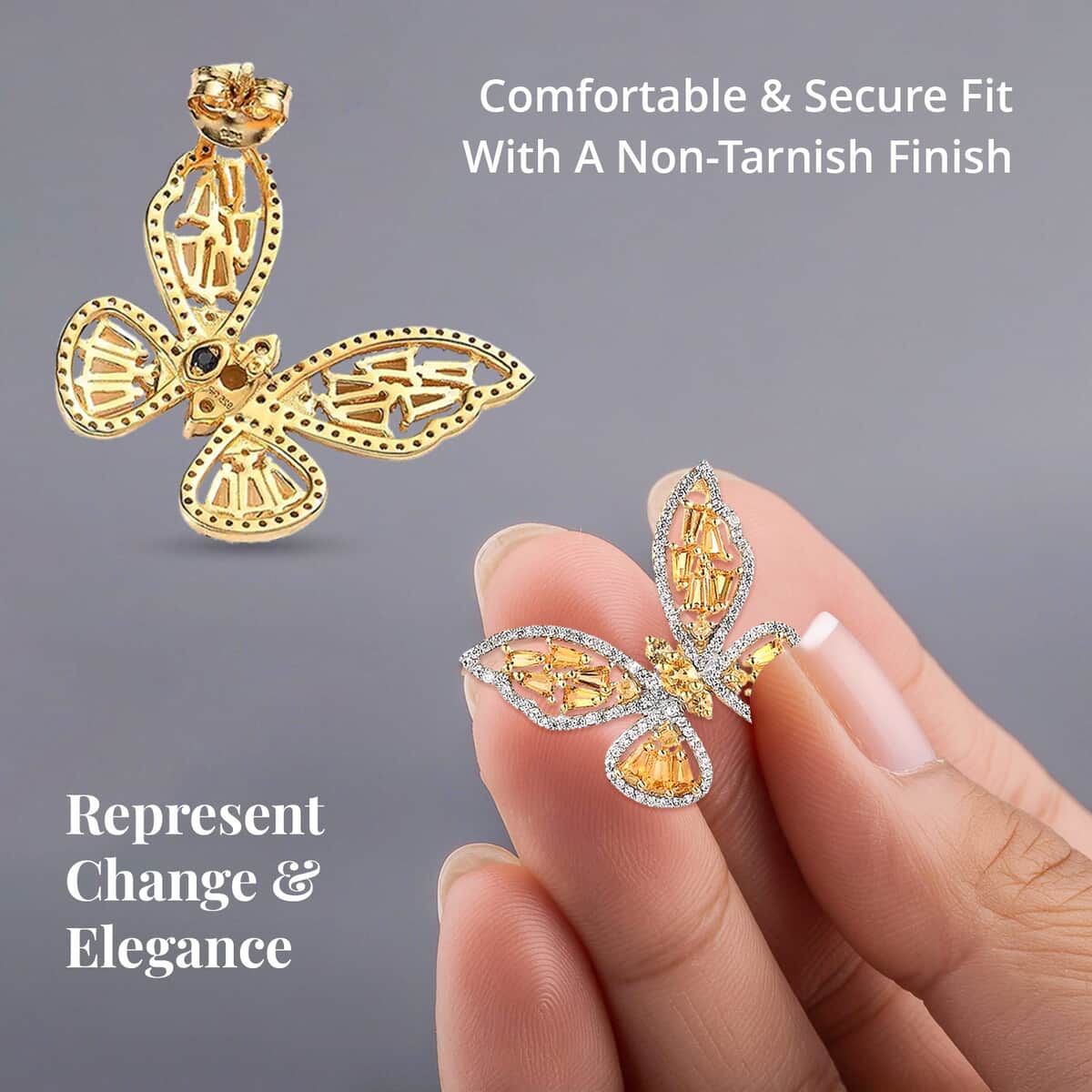 GP Trionfo Collection Premium Brazilian Citrine and White Zircon Butterfly Earrings in Vermeil Yellow Gold Over Sterling Silver 4.70 ctw (Del. in 7-10 Days) image number 3