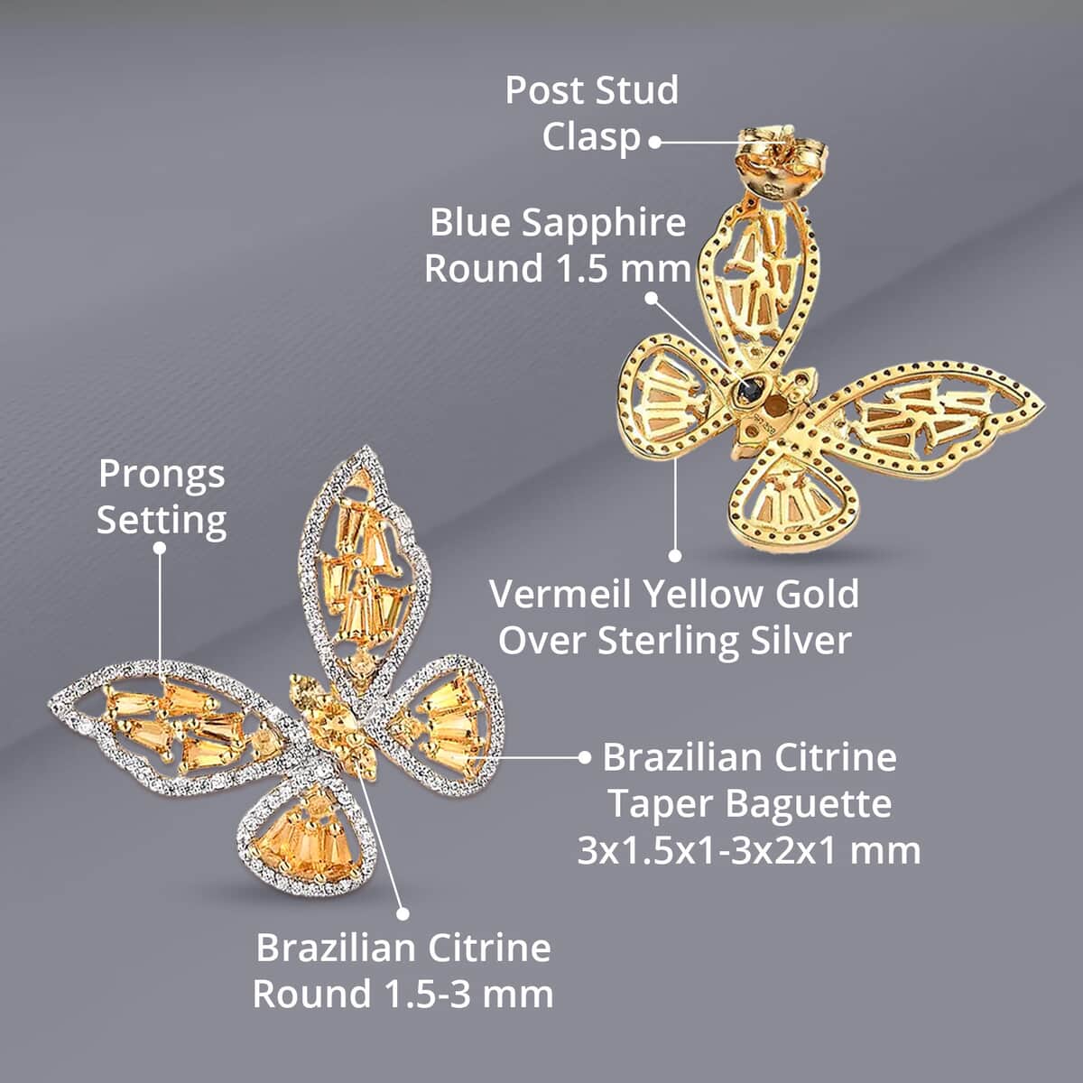 GP Trionfo Collection Premium Brazilian Citrine and White Zircon Butterfly Earrings in Vermeil Yellow Gold Over Sterling Silver 4.70 ctw (Del. in 7-10 Days) image number 4