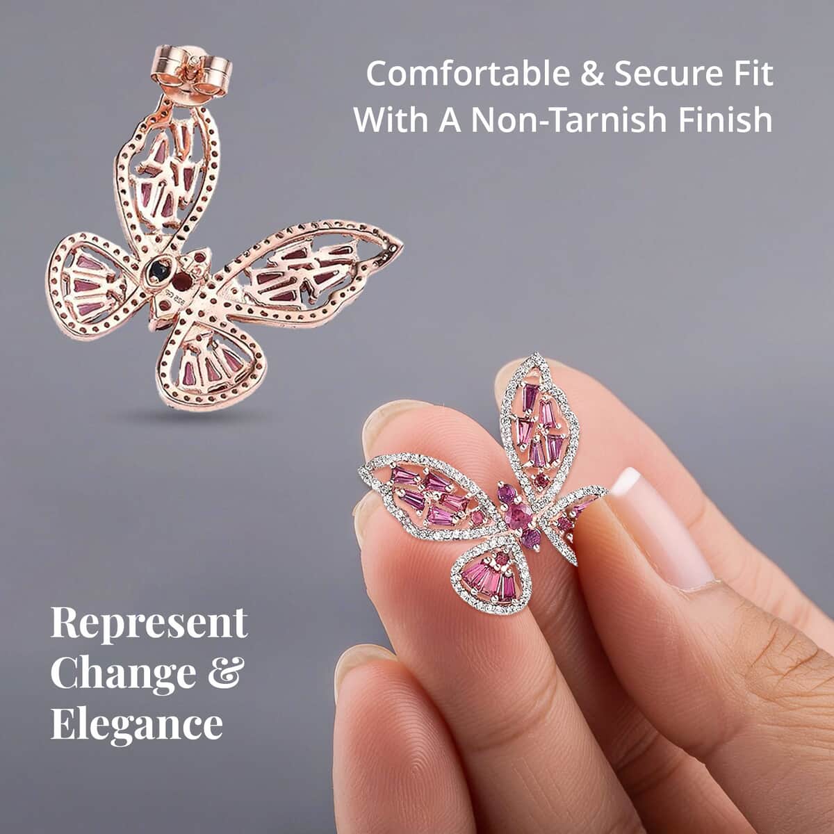 GP Trionfo Collection Trionfo Collection Premium Orissa Rhodolite Garnet and White Zircon Butterfly Earring in Vermeil Rose Gold Over Sterling Silver 5.50 ctw image number 3