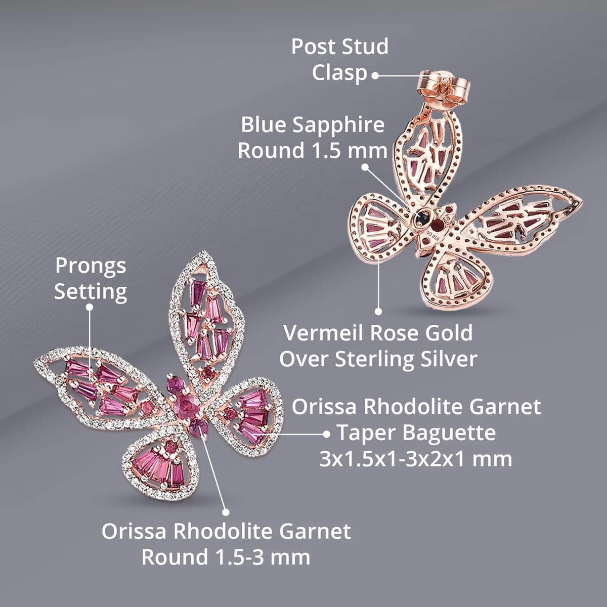 GP Trionfo Collection Trionfo Collection Premium Orissa Rhodolite Garnet and White Zircon Butterfly Earring in Vermeil Rose Gold Over Sterling Silver 5.50 ctw image number 4