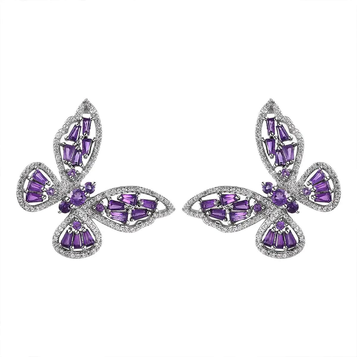 GP Trionfo Collection Premium African Amethyst and White Zircon Butterfly Earrings in Platinum Over Sterling Silver 5.50 ctw image number 0