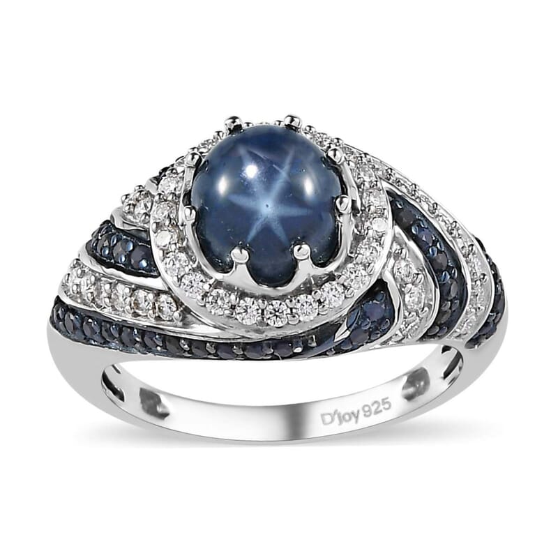 Blue Star Sapphire (DF) and Multi Gemstone Ring in Platinum Over Sterling Silver (Size 10.0) 3.30 ctw