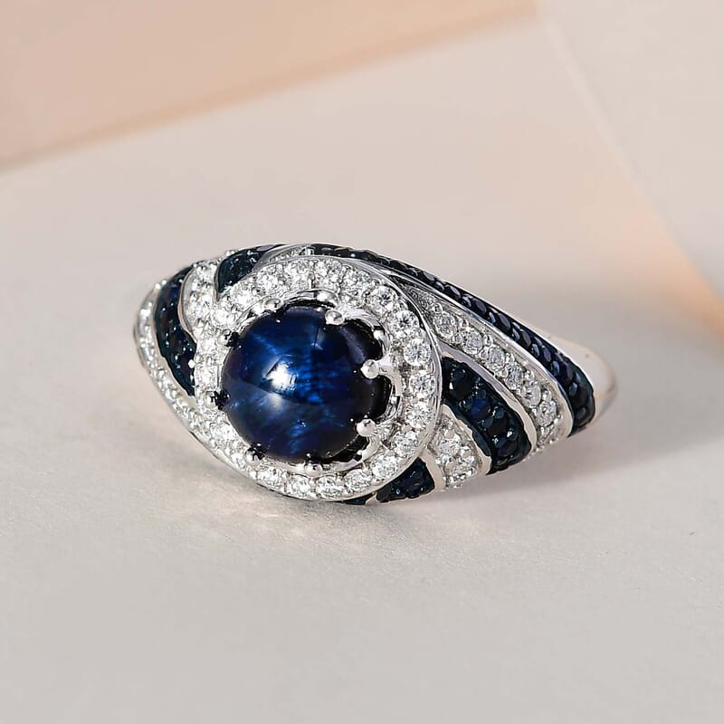 Blue Star Sapphire (DF) and Multi Gemstone Ring in Platinum Over Sterling Silver (Size 10.0) 3.30 ctw