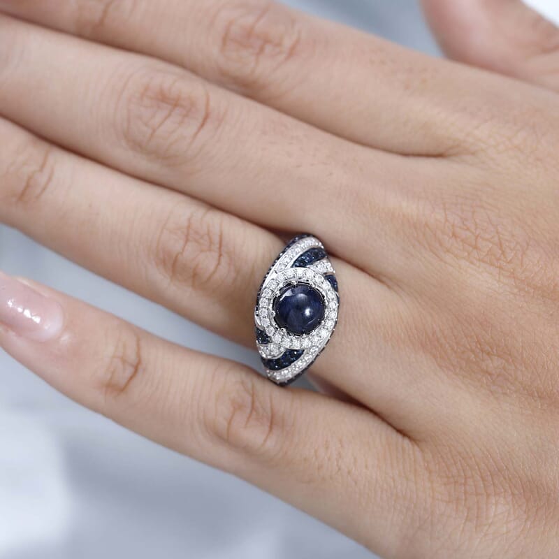 Blue Star Sapphire (DF) and Multi Gemstone Ring in Platinum Over Sterling Silver (Size 10.0) 3.30 ctw