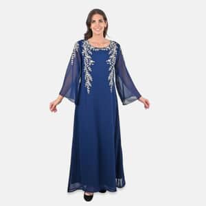 Luxury 100% Silk Chiffon and Hand Beaded Designer Gown– Navy S/M