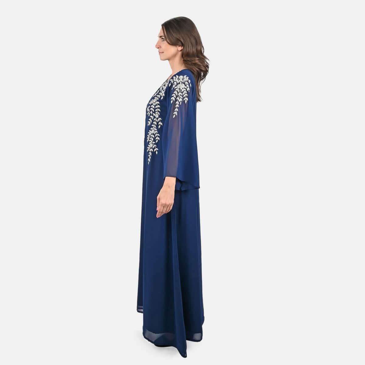 Luxury 100% Silk Chiffon and Hand Beaded Designer Gown– Navy 2X/3X image number 2