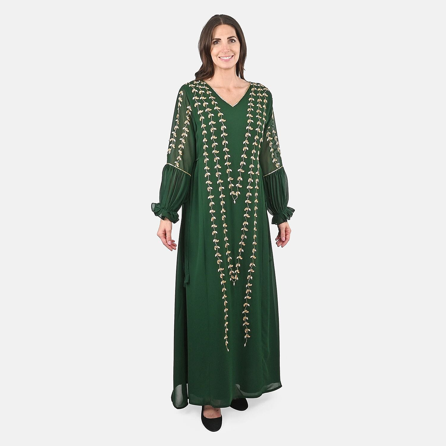 Luxury 100% Silk Chiffon and Hand Beaded Designer Gown– Forest Green L/XL