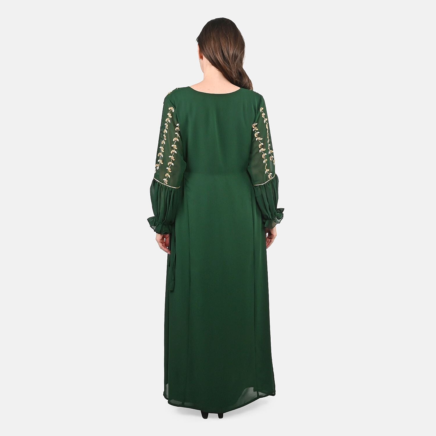 Luxury 100% Silk Chiffon and Hand Beaded Designer Gown– Forest Green L/XL