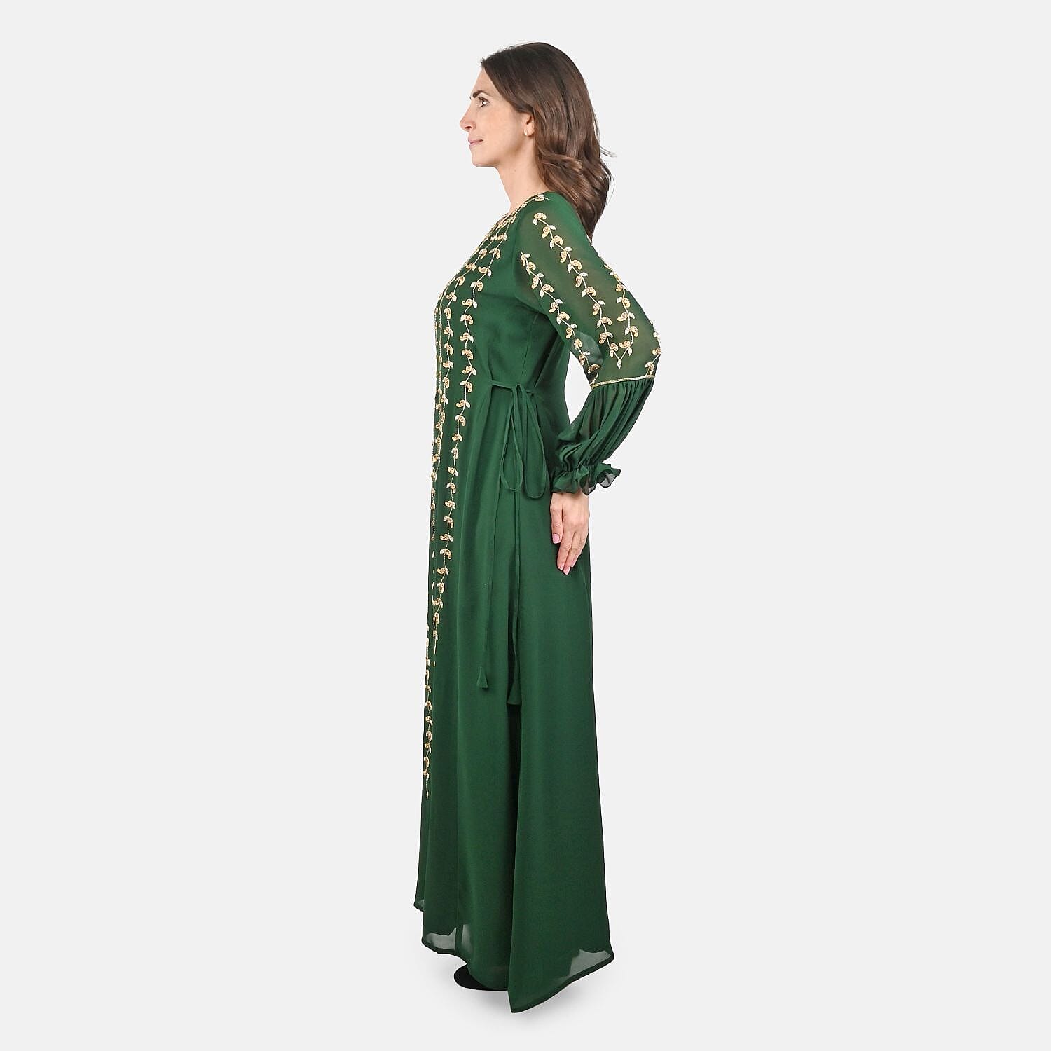 Luxury 100% Silk Chiffon and Hand Beaded Designer Gown– Forest Green L/XL