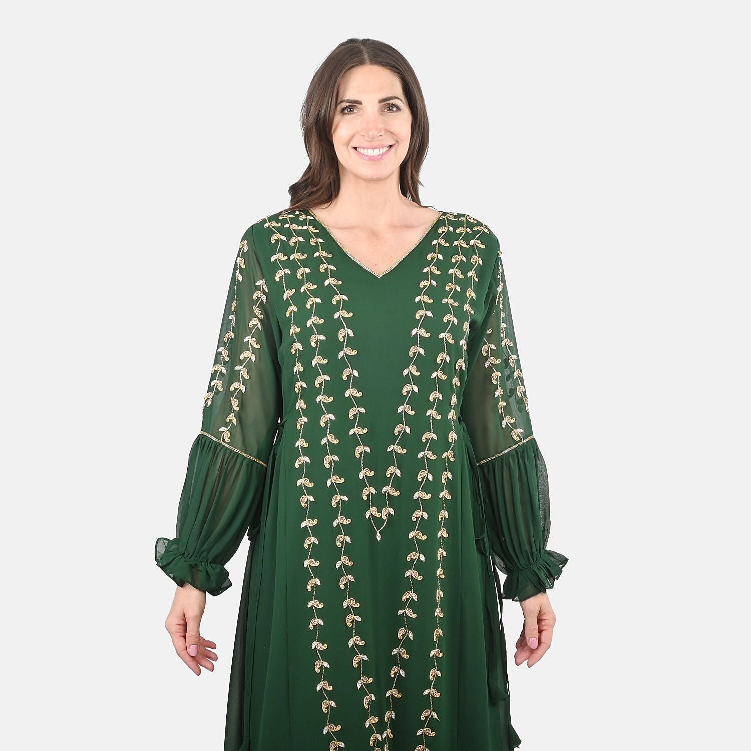 Luxury 100% Silk Chiffon and Hand Beaded Designer Gown– Forest Green L/XL