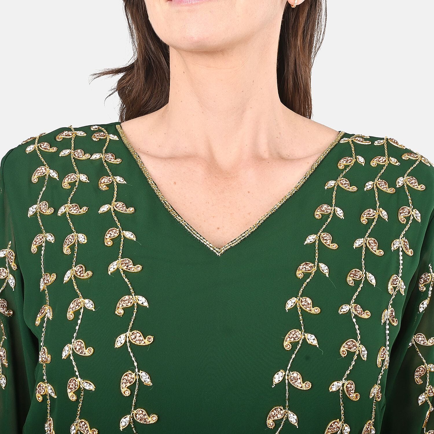 Luxury 100% Silk Chiffon and Hand Beaded Designer Gown– Forest Green L/XL