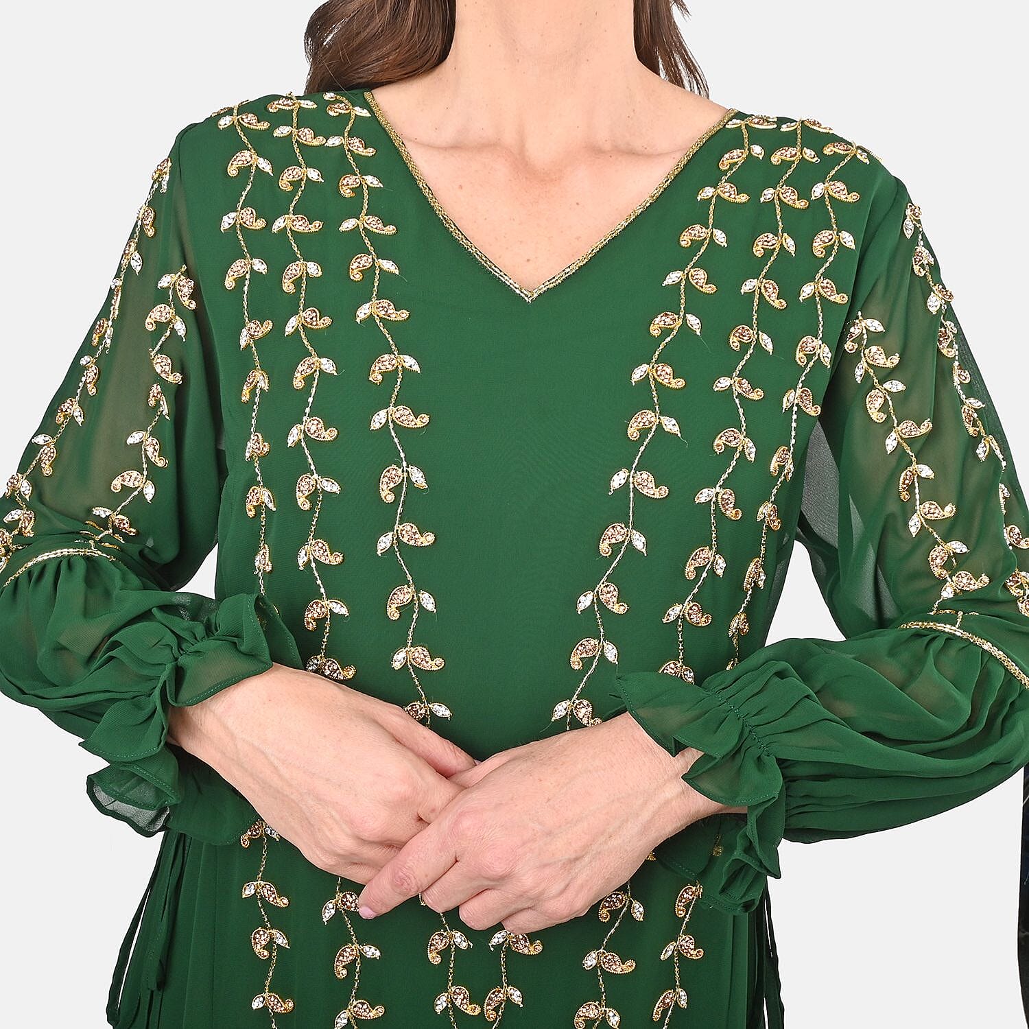 Luxury 100% Silk Chiffon and Hand Beaded Designer Gown– Forest Green L/XL