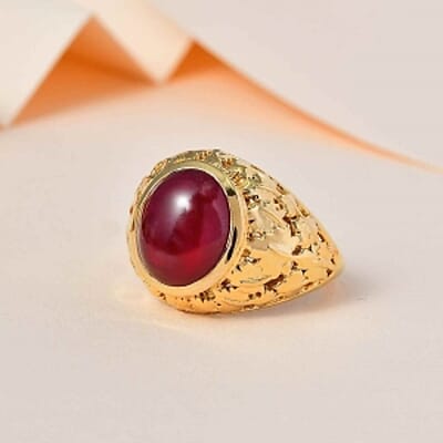 African Ruby and Kanchanaburi Blue Sapphire 8.04 ctw Ring in Vermeil Yellow Gold Over Sterling Silver (Size 10)