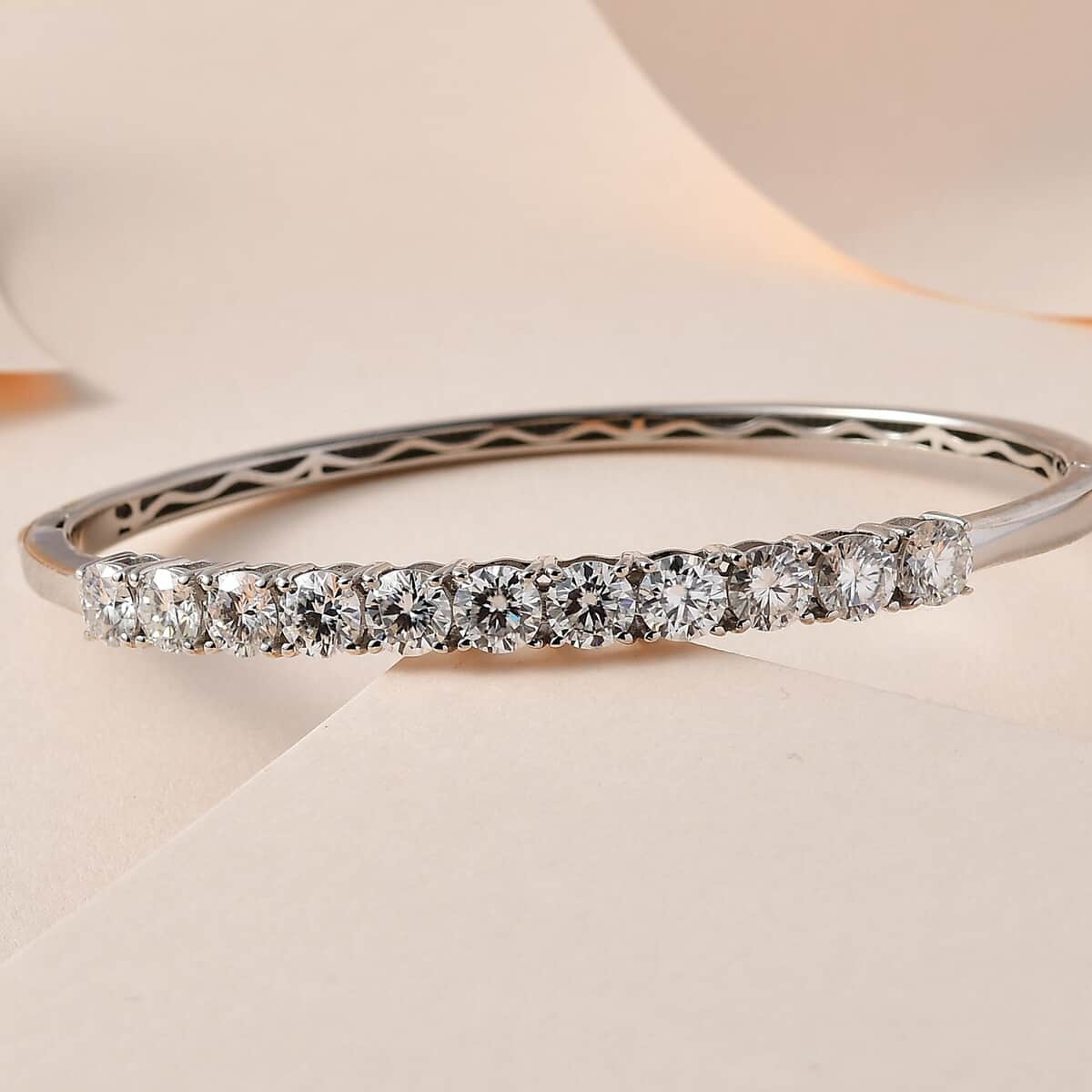 Moissanite Bangle Bracelet in Platinum Over Sterling Silver (7.25 In) 6.25 ctw image number 1