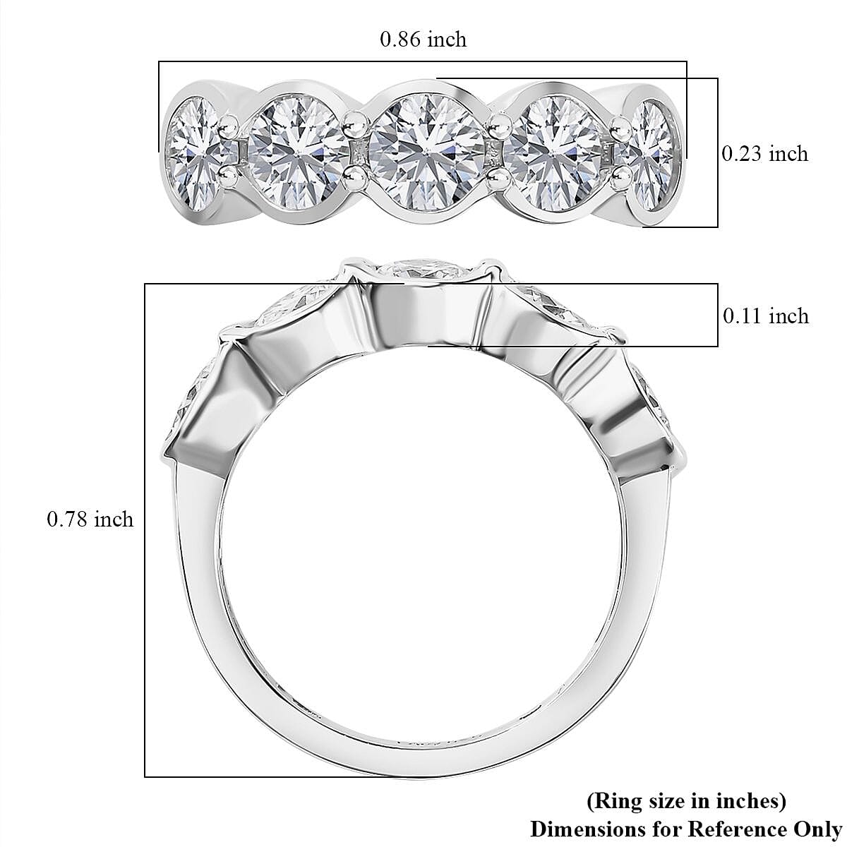 Moissanite 5 Stone Ring in Platinum Over Sterling Silver (Size 10.0) 1.65 ctw