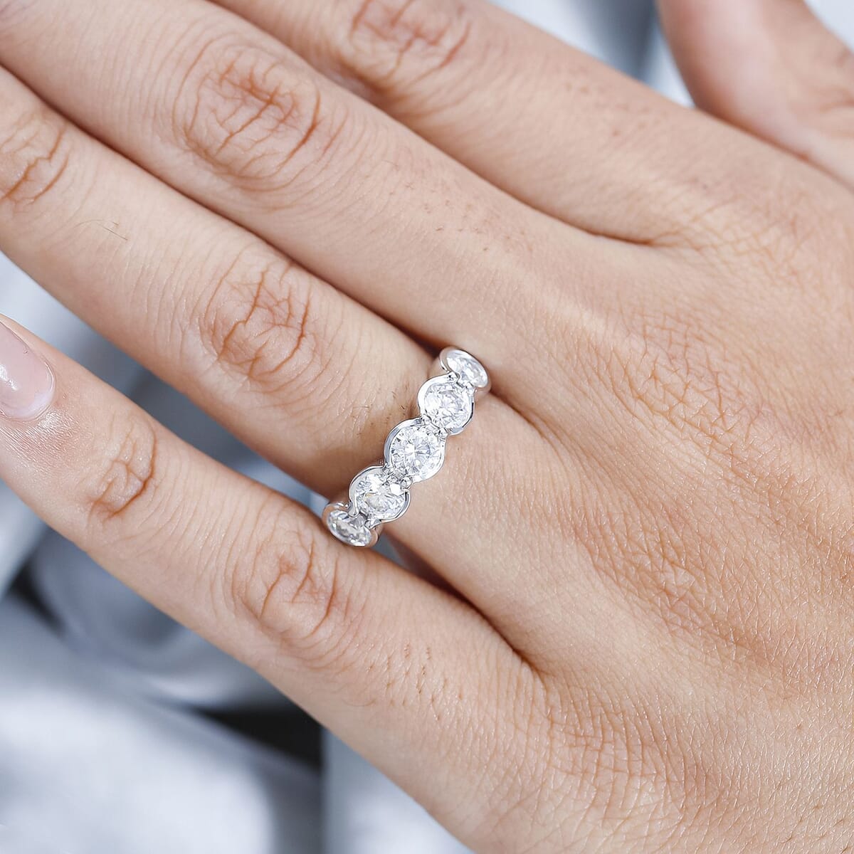 Moissanite 1.65 ctw 5 Stone Ring in Platinum Over Sterling Silver (Size 7.0) image number 2