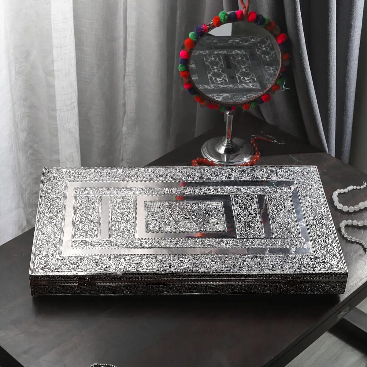 Oxidized Aluminum Tiger Embossed Big Jewelry Box with Anti Scratch Velvet Lining, Anti Tarnish Multipurpose Jewelry Organizer with Ring Rows image number 1